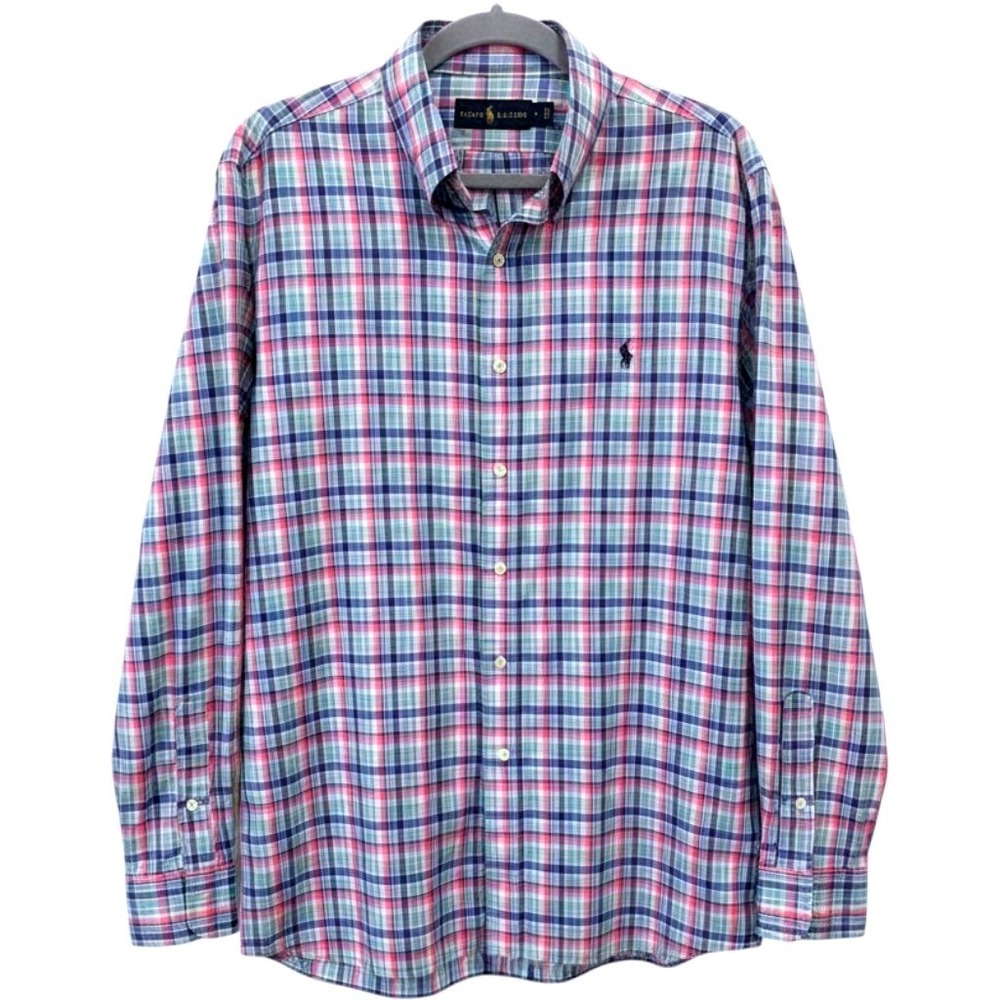 Polo Ralph Lauren Mens Large Plaid Button Down Shirt Blue Pink Green Long Sleeve